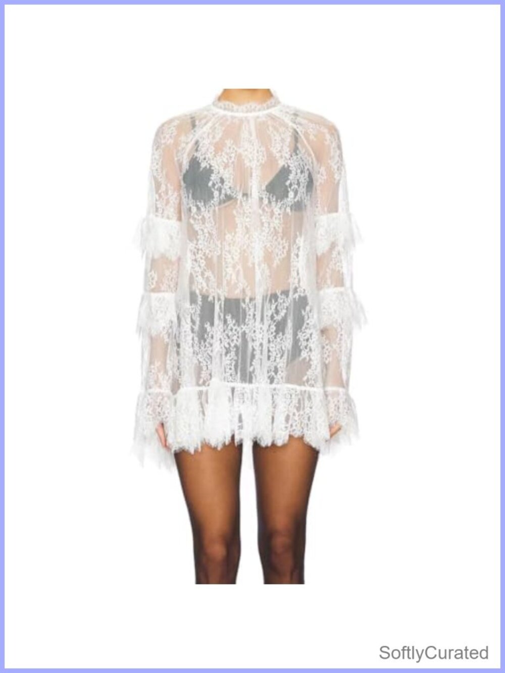 Lace See Through Mini Dress Long Sleeve Sheer Beach Cover Up